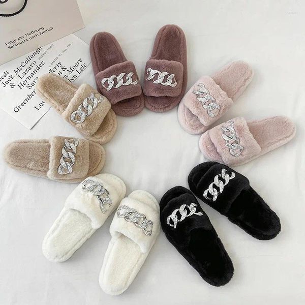 Slippers Winter Shoes Women Fashion Open Toe Solid Color Women&#039;s Sandals Metal Chain Outdoor Thick Sole Furry Woman Slides