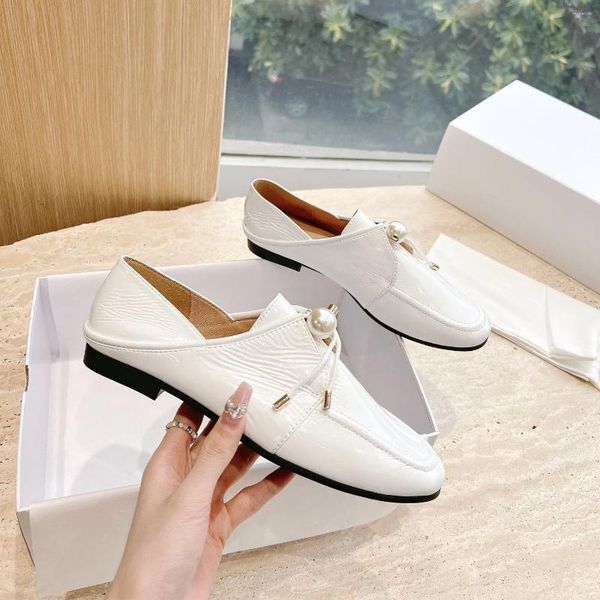 Dress Shoes 2023 Spring Summer Casual Low Heels Pearl Decor Round Toe For Women Solid Color Genuine Leather Pumps Size 35-40