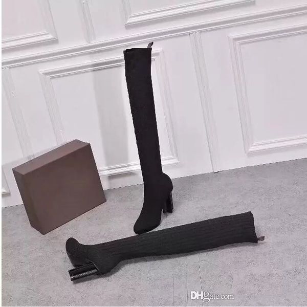 autumn winter socks heeled heel Long boots fashion sexy Knitted elastic designer SHoes Alphabetic women shoes lady Letter Thick high heels Large size 35-42 with box