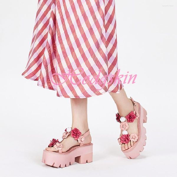 Sandals Flowers Decor High Heels Platform Open Toe Straps Buckles Thick Heel Sweet Pink Women Summer Party Dress Shoes