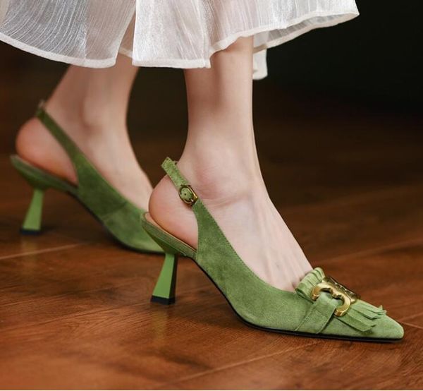 Green Black Slingbacks Tassel Fringe Gold Metal Buckle High heeled Shoes Summer Sheepskin Lady Pumps Women Dress Shoes Size 35-40