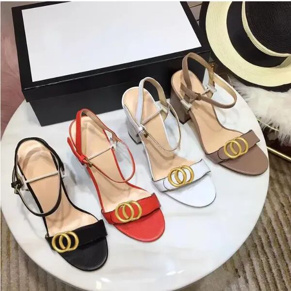 Classic High heeled sandals designer SHoes fashion 100% leather women Dance shoe sexy heels Suede Lady Metal Belt buckle Thick Heel Woman