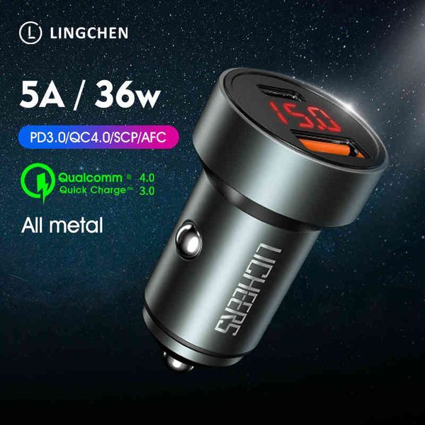 LINGCHEN 36W Quick Charge 4.0 3.0 Metal Dual For iPhone Xiaomi HUAWEI Samsung USB Type C 5A PD Fast Car Charger