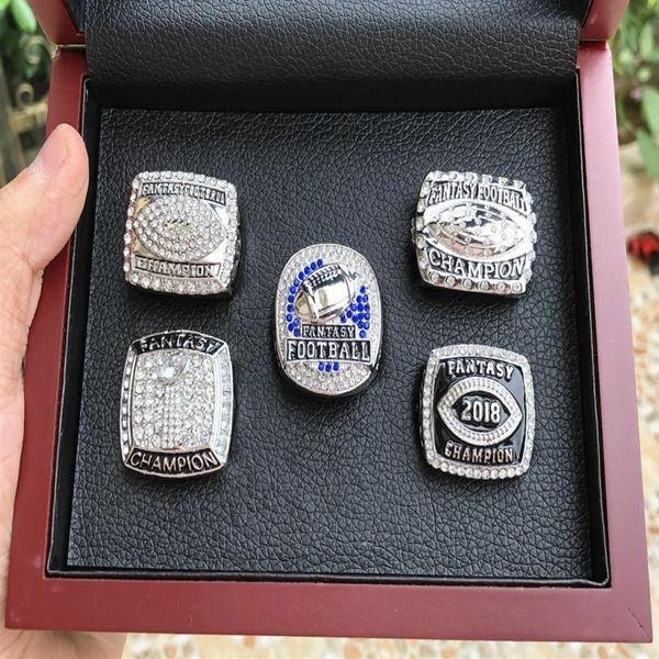 5Pcs 2015 2016 2017 2018 2019 Fantasy Football Team champions Championship Ring With Wooden Box Set Souvenir Men Fan Gift 2020258E