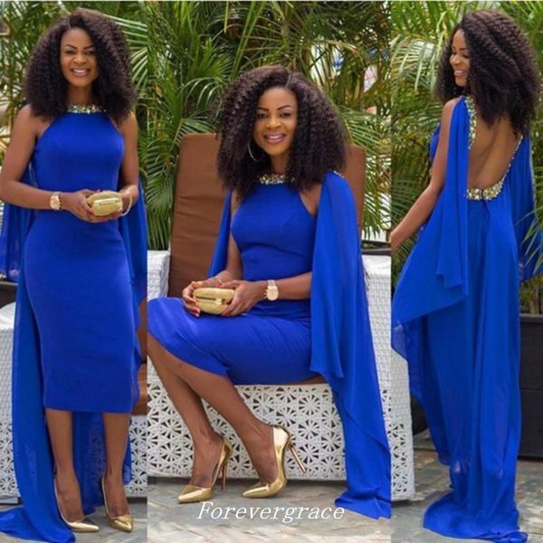 African Royal Blue Chiffon Evening Dress Sexy Tea Length Beaded Girls Wear Special Occasion Party Gown Cheap Custom Made Plus Size