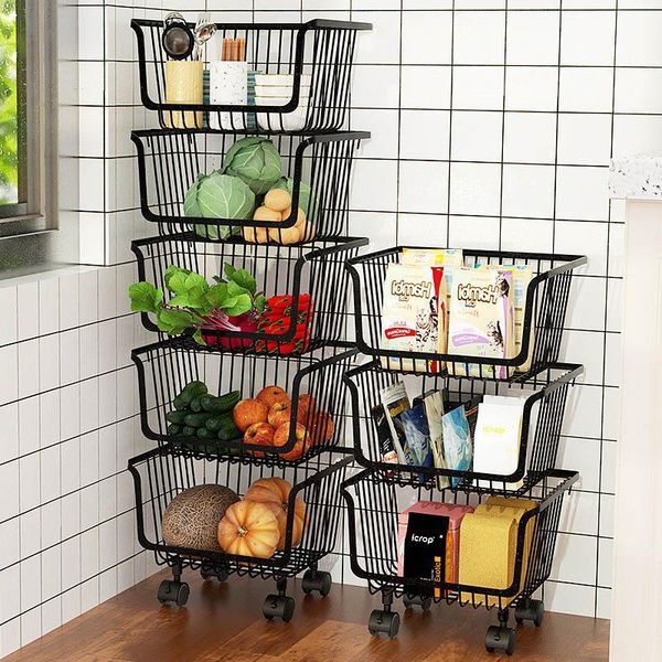 Kitchen Storage & Organization 1-5 Tier Movable Trolley Basket Metal Rack Shelf Fruit Vegetable Cart Organizer