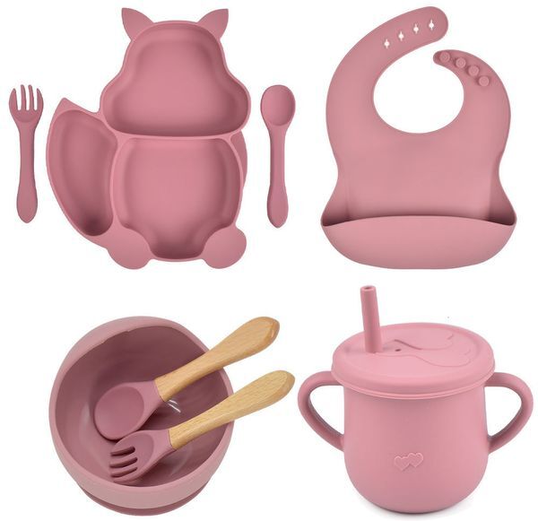 Cups Dishes Utensils 8PCS Set Baby Silicone Sucker Bowl Plate Cup Bibs Spoon Fork Sets Children Non slip Tableware Feeding BPA Free 230308