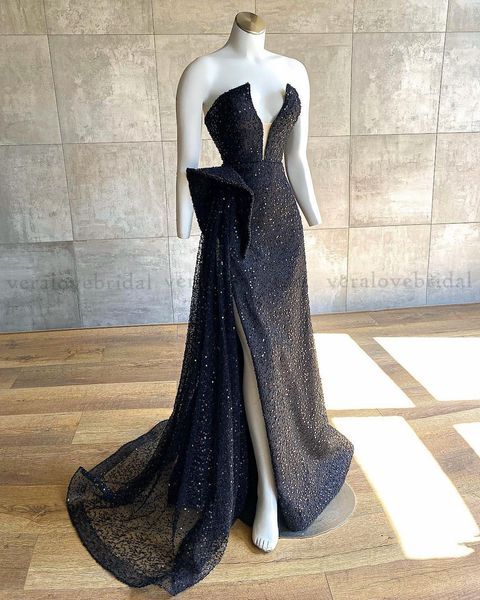 Sexy Black Sequins Mermaid Formal Evening Dresses 2021 Aso Ebi Prom Party Gowns Off Shoulder Applique Robe De Soirée De Mariage