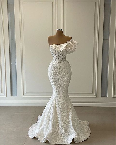 One Shoulder Mermaid Wedding Dress 2021 Luxury Ruffles 3D Lace Appliqued Bridal Gowns Robe de Mariage