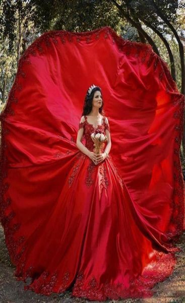 Latest Design Red African Ball Gown Quinceanera Dresses Off The Shoulder Neck Luxury Lace Appliqued pageant Gowns robe de mariage1268399