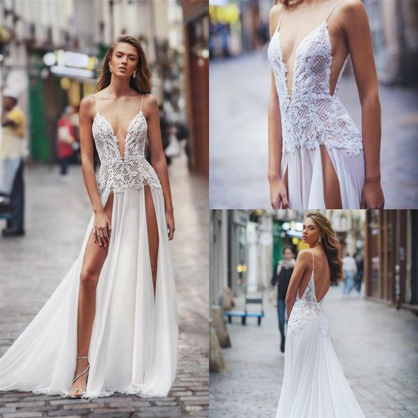 Spaghetti Strapless Boho Wedding Dresses with Thigh High Slits 2020 Lace Applique Beach Wedding Gowns Sexy Robe De Mariee209K