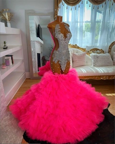 2024 Pink O Neck Evening For Black Girls Beaded Crystal Birthday Party Gowns Mermaid Ruffles Long Prom Dresses Robe De Bal 322