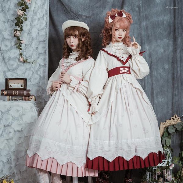 Theme Costume Long Sleeve Blue Pink Lolita Op Dresses For Women High Waist Robe Gothique Lolitas Victorian Kawaii Cosplay Anime Girls