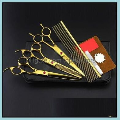 Hair Scissors 4 Kits Professional Gold Pet 7 Inch Shears Cutting Hair Scissors Set Dog Grooming Clipper Thinning Barber Hairdressing Dhi32