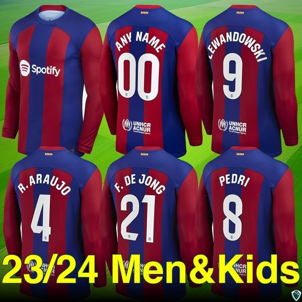 23 24 Barca Soccer Jerseys-Long Sleeve F. de Jong, Ferran, Lewandowski Editions.Premium for Fans - Home. Various Sizes & Customization Name, Number