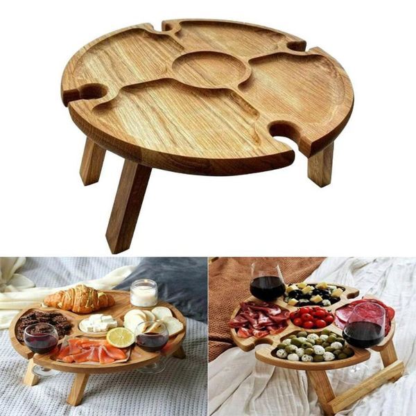 Camp Furniture Outdoor Portable Folding Wine Table With Glass Holder Round Rack For Garden Party Picnic Collapsible