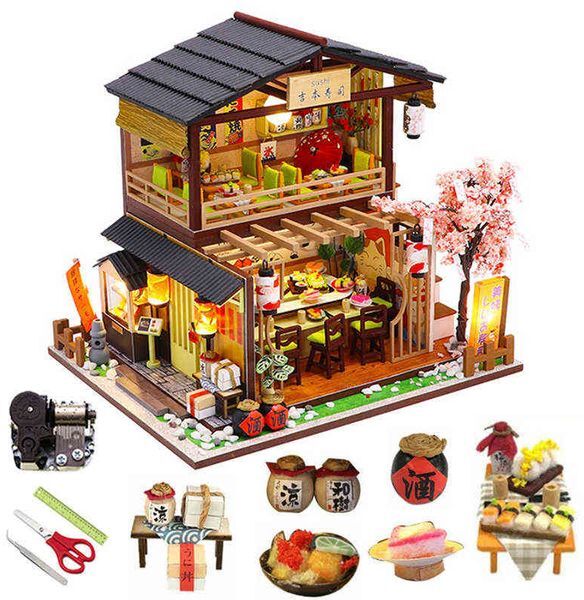 Big Dollhouse Diy Miniature Kit Roombox Tiny House Building Model Japanese Sushi Shop Wooden Doll House Furniture Kids Toys Gift AA220325