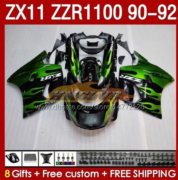 ABS flames green Fairings Kit For KAWASAKI NINJA ZX 11 R 11R ZZR-1100 ZX11 R ZX-11R 1990 1991 1992 Bodywork 164No 11 ZZR 1100 CC Z3349