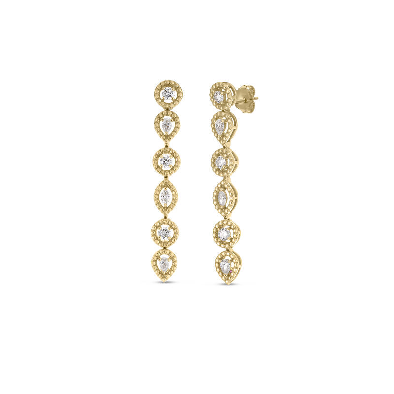 Roberto Coin Dolcetto Alternating Three Stone Diamond dangle Earrings 18K Yellow Gold.