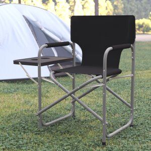 Flash Furniture Benjamin Folding Black Director's Camping Chair With Side Table And Cup Holder - Portable Indoor/Outdoor Steel Framed Sports Cha