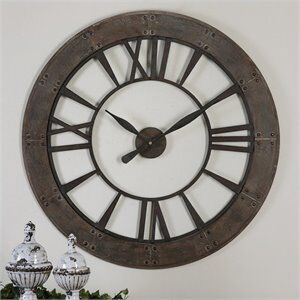 Uttermost Ronan Wood and Metal Wall Clock in Dark Rustic Bronze/Gray