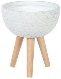 Luxen Home LuxenHome Scallop Embossed White 12.2 in. Round MgO Planter with Wood Legs