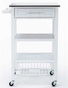 Boraam Hennington Wood Kitchen Cart with Stainless Steel Top in White Wash