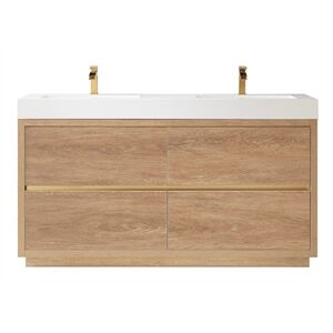 Vinnova Huesca 60" Double Sink Bathroom Vanity Natural Oak Wood White Top No Mirror