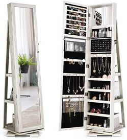 Costway 2-in-1 Rotatable Jewelry Cabinet/Lockable Mirrored Organizer in White