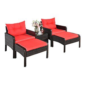Costway 5-piece Rattan & Steel Patio Furniture Set with 2 Ottomans in Red