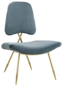 Modway Ponder Performance Velvet Lounge Chair in Sea Blue and Gold