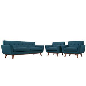 Modway Engage Modern Fabric 3-Piece Sofa Set with Armchairs in Azure Blue