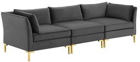 Modway Ardent 3-Seater Performance Velvet Sofa in Gray & Gold