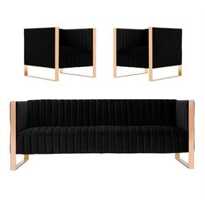 Eden Home 3-Piece Modern Velvet & Metal Sofa & Armchair Set in Black/Rose Gold