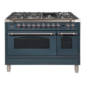 ILVE Nostalgie 48" NG Metal Double Oven Dual Fuel Range in Blue Gray/Bronze