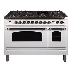 ILVE Nostalgie 48" NG Metal Double Oven Dual Fuel Range in White/Bronze