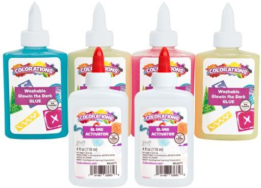 Colorations Slime Kit - 4 Glow in the Dark Glues, 2 Slime Activators