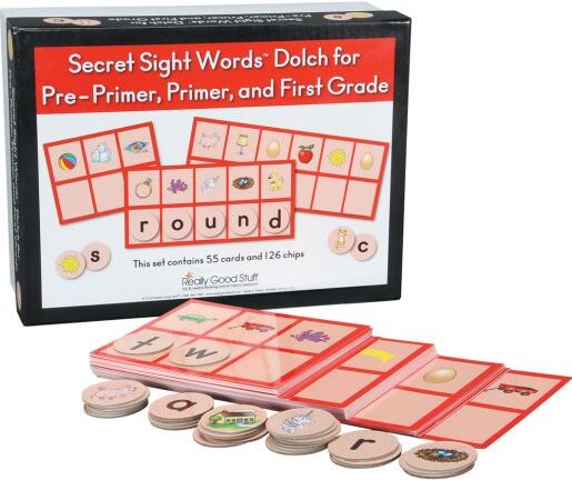 Really Good Stuff Secret Sight Words - Dolch For Pre-Primer, Primer, And First Grade - 55 cards, 126 chips by Really Good Stuff