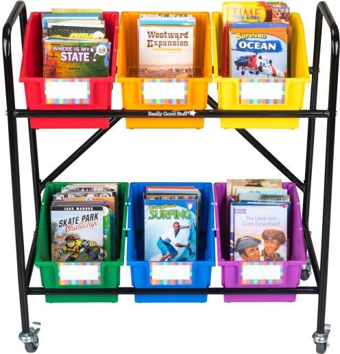 Really Good Stuff Mid-Size Mobile Storage Rack With 6 Chapter Book Bins - Grouping by Really Good Stuff