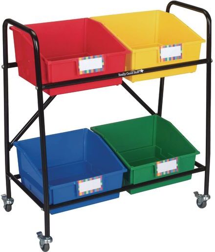 Really Good Stuff Mid-Size Mobile Storage Rack With 4 Picture Book Bins - Grouping by Really Good Stuff