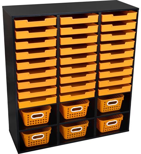 Black 27-Slot Mail And Supplies Center With 27 Trays, 6 Cubbies, And Baskets, Orange by Really Good Stuff