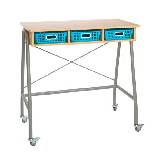 Really Good Stuff Bamboo Teacher Standing Desk with 3 Blue Neon Baskets by Really Good Stuff