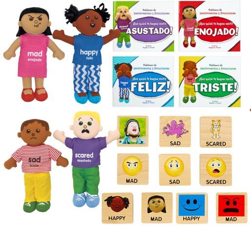 Excellerations Emotions Spanish Books, Dolls and Blocks Kit 1 - 4 books 4 dolls 16 blocks