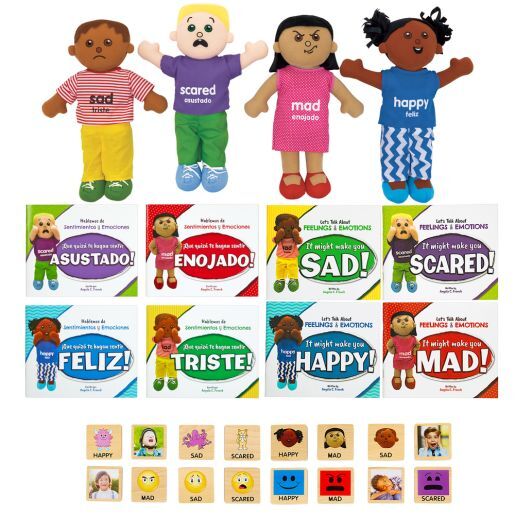 Excellerations English & Spanish Emotions Books + Dolls and Blocks Kit 1 - 8 books 4 dolls 16 blocks