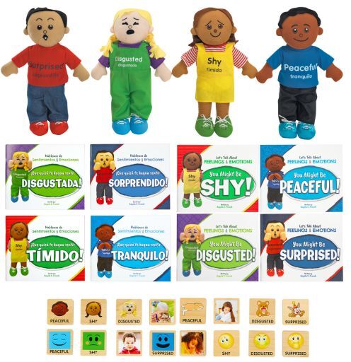 Excellerations English & Spanish Emotions Books + Dolls + Blocks Kit 2 - 8 books 4 dolls 16 blocks