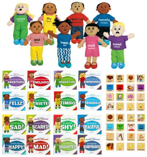 Excellerations English & Spanish Emotions Books, Dolls, and Blocks Mega Kit - 16 books 8 dolls 32 blocks