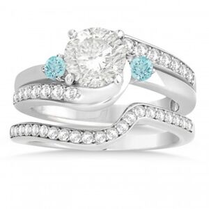 Allurez Aquamarine & Diamond Swirl Engagement Ring & Band Bridal Set 18k White Gold 0.58ct