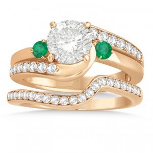 Allurez Emerald & Diamond Swirl Engagement Ring & Band Bridal Set 14k Rose Gold 0.58ct