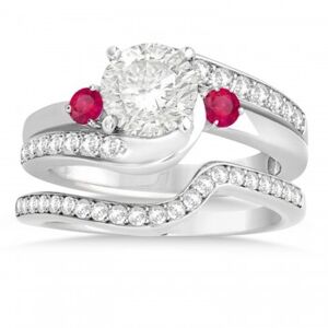 Allurez Ruby & Diamond Swirl Engagement Ring & Band Bridal Set 18k White Gold 0.58ct