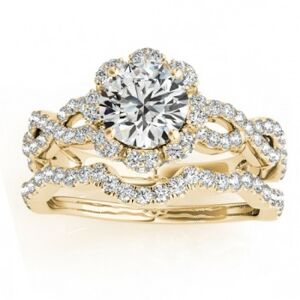 Allurez Halo Diamond Engagement & Wedding Rings Bridal Set 18k Y. Gold 0.83ct